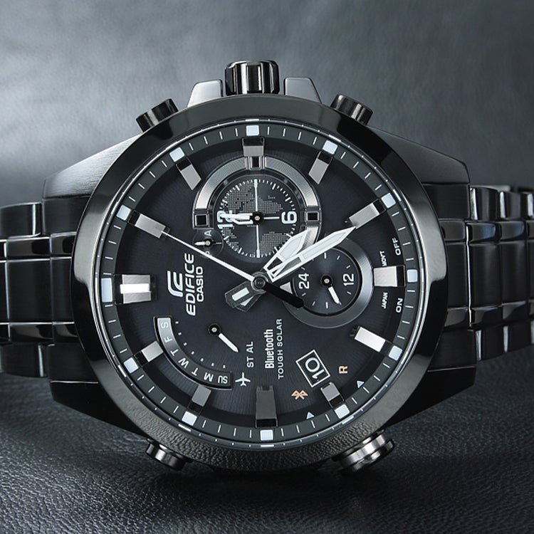 QUARTZ WATERPROOF SPORTS EDIFICE SOLAR POWERED STAINLESS STEEL STRAP MENS BLACK ANALOG EQB-510DC-1A - Image 4